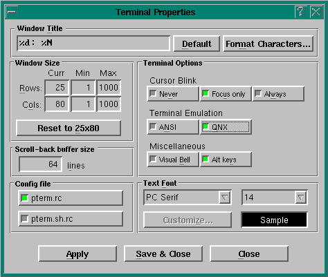 Terminal Properties dialog